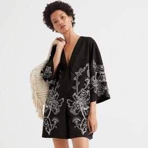 H&M Kimono Short embroidered kaftan linen blend‎ black kaftan v-neck dress Small